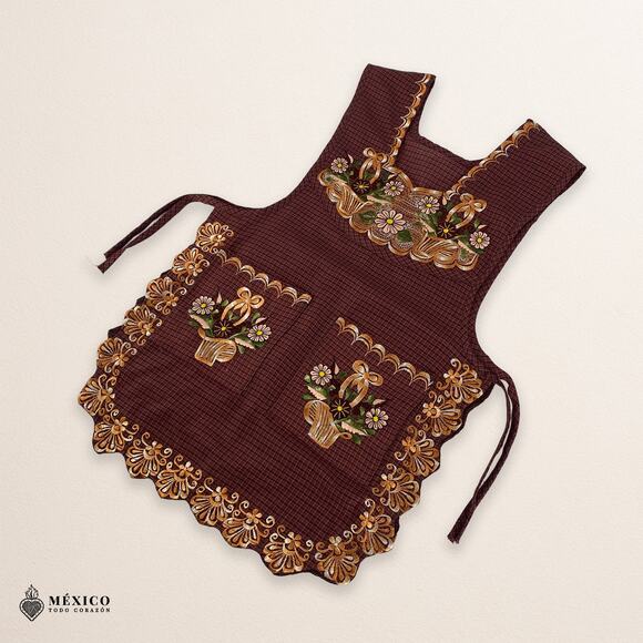 Brown Mexican Embroidered Smock Apron – Floral Traditional Design for Women - Picture 7 of 8